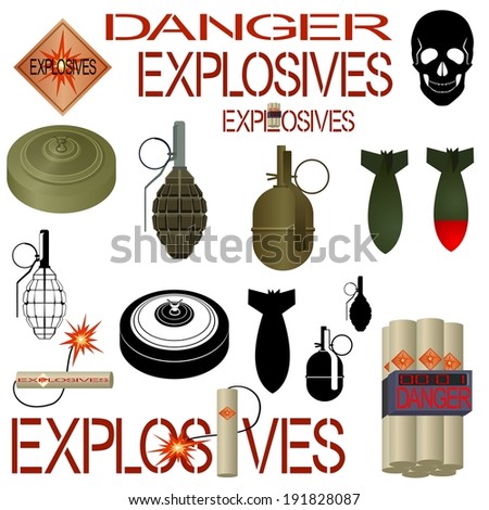 Explosive substances and objects used in industry and military affairs. Illustration on white background.
