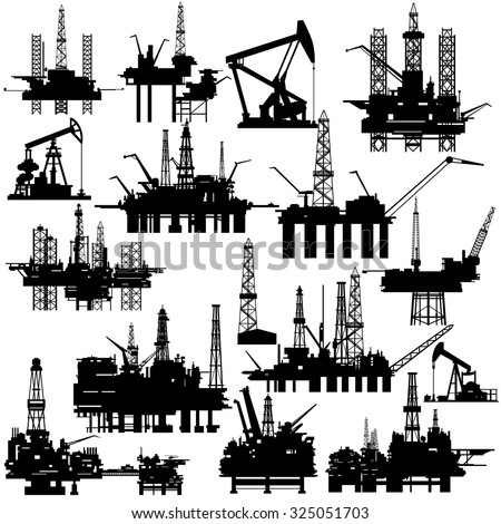 Drilling rigs and pumps for oil extraction. The illustration on a white background.