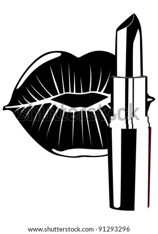 Cosmetic. Lipstick And Lip Women. Black And White Illustration ...