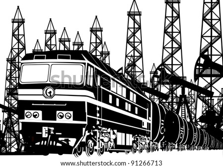 Amtrak locomotive with oil on the background of oil rigs. Black and white illustration.