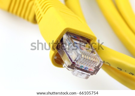Close up of RJ45 yellow network cable