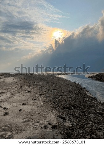 Similar – Image, Stock Photo Sunset sky over coastal city and sea