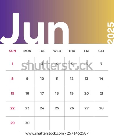 Letter monthly calendar for June 2025. The week begins on Sunday. Time, planning and schedule concept. Flat gradient design. Removable calendar for the month. Vector illustration