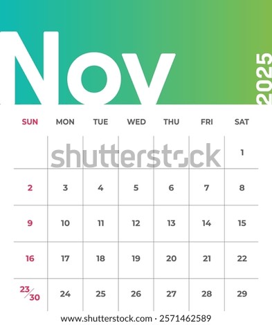 Letter monthly calendar for September 2025. The week begins on Sunday. Time, planning and schedule concept. Flat gradient design. Removable calendar for the month. Vector illustration