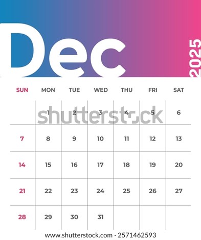 Letter monthly calendar for December 2025. The week begins on Sunday. Time, planning and schedule concept. Flat gradient design. Removable calendar for the month. Vector illustration