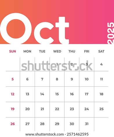 Letter monthly calendar for October 2025. The week begins on Sunday. Time, planning and schedule concept. Flat gradient design. Removable calendar for the month. Vector illustration