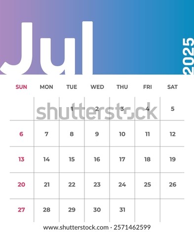 Letter monthly calendar for July 2025. The week begins on Sunday. Time, planning and schedule concept. Flat gradient design. Removable calendar for the month. Vector illustration