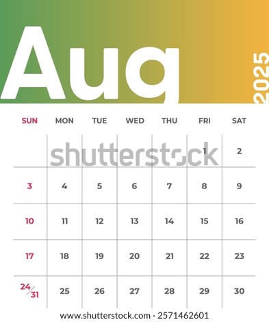 Letter monthly calendar for December 2025. The week begins on Sunday. Time, planning and schedule concept. Flat gradient design. Removable calendar for the month. Vector illustration