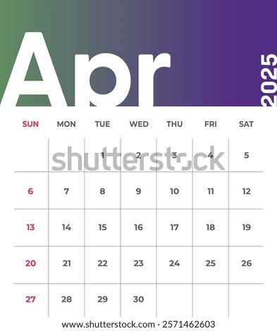 Letter monthly calendar for April 2025. The week begins on Sunday. Time, planning and schedule concept. Flat gradient design. Removable calendar for the month. Vector illustration