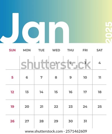 Letter monthly calendar for January 2025. The week begins on Sunday. Time, planning and schedule concept. Flat gradient design. Removable calendar for the month. Vector illustration