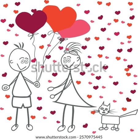 Imitation of children's drawing in pencil. A boy with balloons in his hands offers friendship to a girl. The children are smiling and happy. The background is filled with small colored hearts.