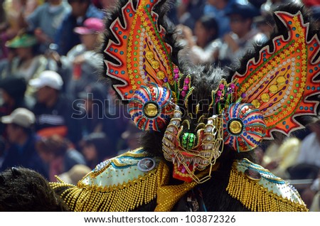 ORURO, BOLIVIA - FEB 16: dancer with traditional costume at Oruro Carnival in Bolivia, declared UNESCO Cultural World Heritage. February 16, 2012 in Oruro, Bolivia