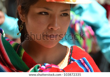 ORURO, BOLIVIA - FEB 16: young woman in traditional dress at Oruro Carnival in Bolivia, declared UNESCO Cultural World Heritage. February 16, 2012 in Oruro, Bolivia