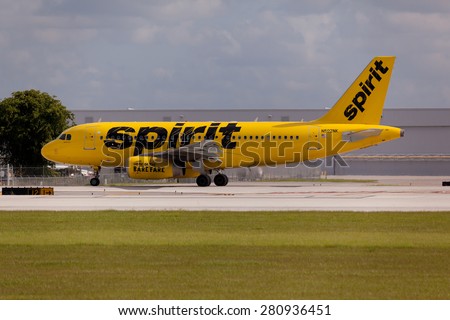 FORT LAUDERDALE, USA - May 24, 2015: A Spirit Airlines Airbus A320 taxiing at the Fort Lauderdale/Hollywood International Airport, Florida. Spirit Airlines has its operating base in Fort Lauderdale.