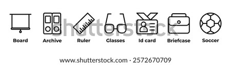 Measuring Success On and Off the Field Icons set vector illustration with Board, Archive, Ruler, Glasses, Id card, Briefcase, Soccer