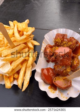 Similar – Foto Bild Currywurst in einer Pappschale mit rotem Piekser