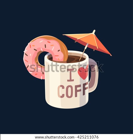 Coffee mug with umbrella. Concept vector illustration.
