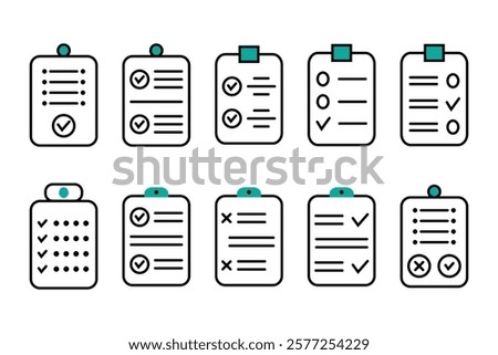 Collection of checklist icons on clipboards.