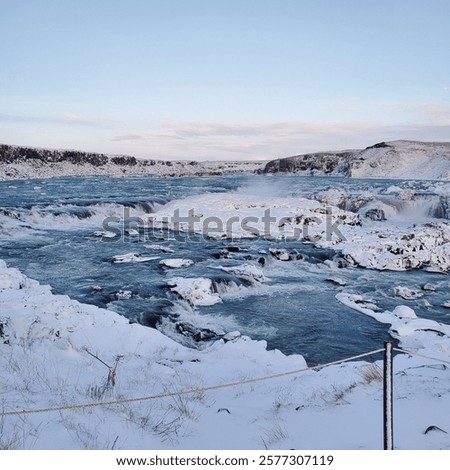 Image, Stock Photo River flowing through snowy hilly valley