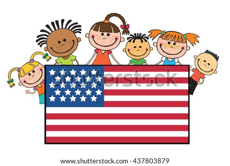 children on American USA flags banner independence day vector english background