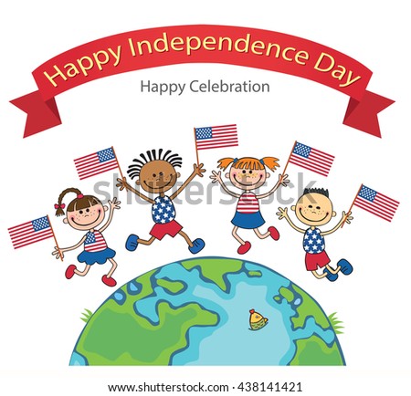 children on American flags banner independence day vector english background globe