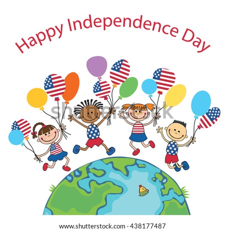 children on globe holding balloons independence day vector english background text