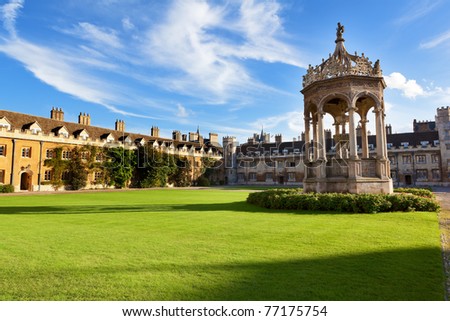 The inner courtyard of Trinity College in Cambridge, UK.