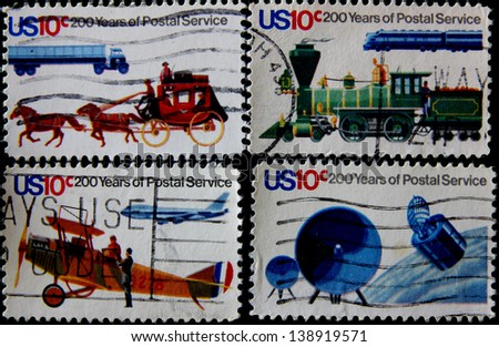 UNITED STATES - CIRCA 1975: Post stamps printed in USA devoted 200 years of Postal Service, circa 1975