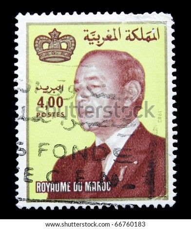MOROCCO - CIRCA 1983: A post stamp printed in Morocco shows image of the portrait King Hassan II(Moulay Hassan II Muhammad ben Yusuf). circa 1983