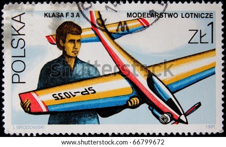 POLAND - CIRCA 1981: A post stamp printed in Poland shows a person with a model airplane, circa 1981