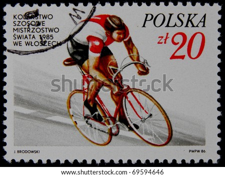 POLAND-CIRCA 1986: A post stamp printed in Polnad shows Road Cycling, Giavera del Montello, Italy, won by Lech Piasecki, circa 1986