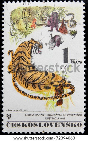 CZECH REPUBLIC - CIRCA 1971: A posts stamp printed in Czechoslovakia shows drawing by Mirko Hanak with animals, circa 1971