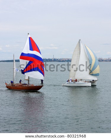 ODESSA, UKRAINE - JULY 3: Unidentified sailing ships competes during the sailing ships regatta The Cup Of Black Sea Harbors on July 3, 2011 in Odessa, Ukraine