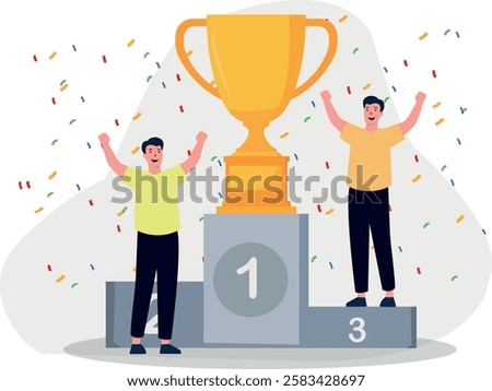 A joyful celebration of victory as two winners stand proudly on the podium with a golden trophy at the center. Confetti fills the air, symbolizing success, achievement, and triumph. The scene represen