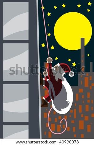 Image of Santa Claus climbs tall building at night to give presents.