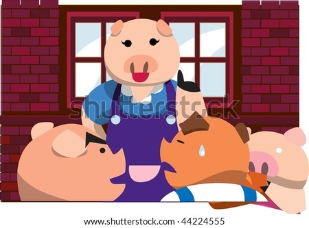 An image of a mama pig talking to her three little pigs, and one of the little pigs is shedding tears