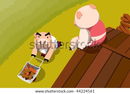 An image of a little pig sitting on the roof of his house made from wood and looking down at another little pig pushing a wheelbarrow full of bricks