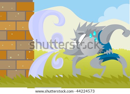 An image of the big bad wolf trying to huff and puff and blow the brick house down