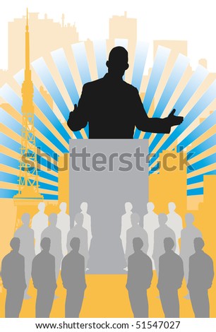 An image showing a silhouette of a man standing behind a dais and addressing a group of people
