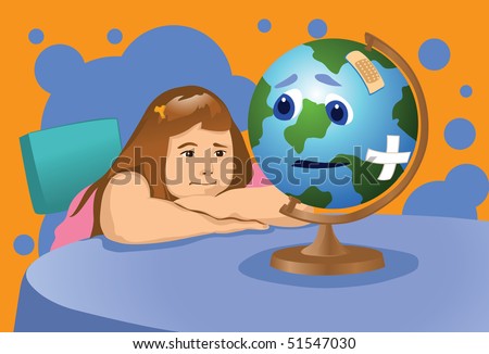 An image of a girl resting her chin on a table and looking at a sad-looking globe that has band aids covering its bruises