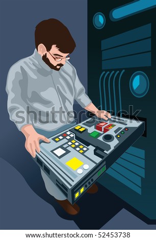An image of a technician checking one of the panels of a large server