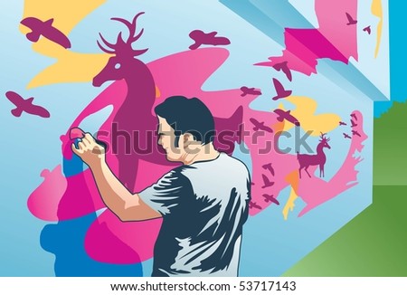 An image showing a man painting a wildlife scenery on a wall and has already finished painting deer and birds
