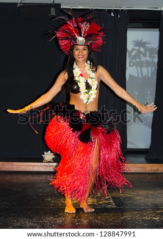 LANZAROTE, CANARY ISLANDS - MARCH 23: Cultural performance of Hawaiian traditional dressed dancer on Barcelo hotel stage on March 23, 2012 on Lanzarote - Canary Islands.