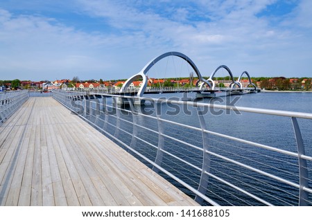 SOLVESBORG, SWEDEN-MAY 10: EuropeÂ´s longest pedestrian and cycling bridge- panorama landscape in May 10, 2013 in Solvesborg, Sweden. Solvesborg\'s bridge was built in December 2012 and it\'s 756m long.