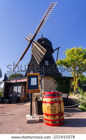 OLAND, SWEDEN - JUNE 21: Windmill coffee restaurant in southern part of Oland island on June 21,2014 in Sweden. Oland island it\'s a very popular tourist destination place with 25000 own inhabitants.