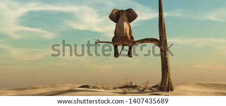Elephant stands on thin branch of withered tree in surreal landscape. This is a 3d render illustration Stock foto © 