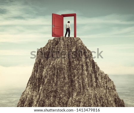 Man walking through an opened door on top of a mountain . This is a 3d render illustration.