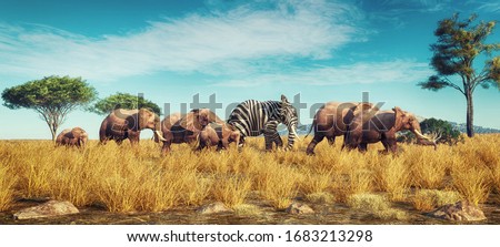 Elephant with a zebra skin into a crowd . Think outside the box concept . This is a 3d render illustration