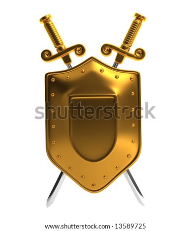 Golden Shield And Swords Isolated On White - 3d Render Stock Photo ...