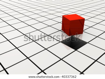 Red cube among other white cubes - 3d render